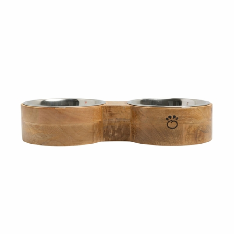 Wood and metal pet feeder with two stainless bowls