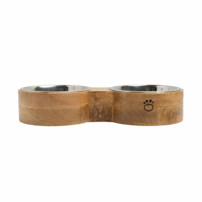 Wood and metal pet feeder with two stainless bowls