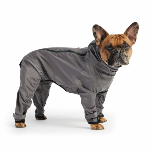 Dog wearing GF PET waterproof splash suit charcoal color