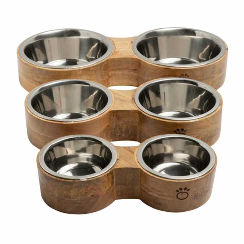 Wood and metal pet feeder with two stainless bowls