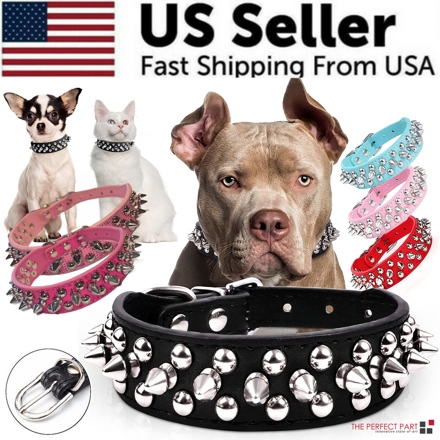 Spiked Studded Leather Dog Collar Rivets Pet Small Large Cat Pit Bull