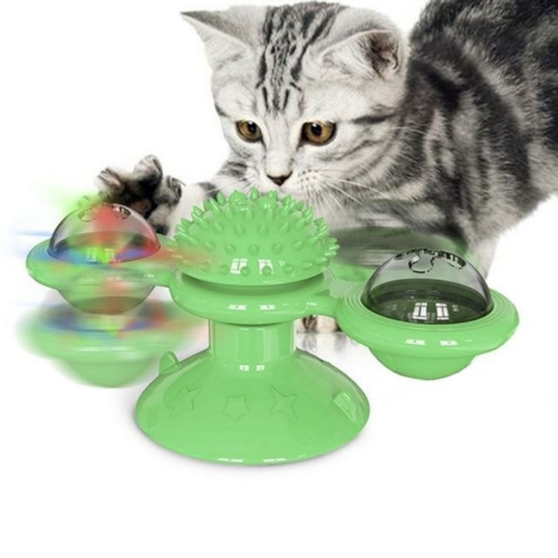 Cat playing with spinning LED windmill toy