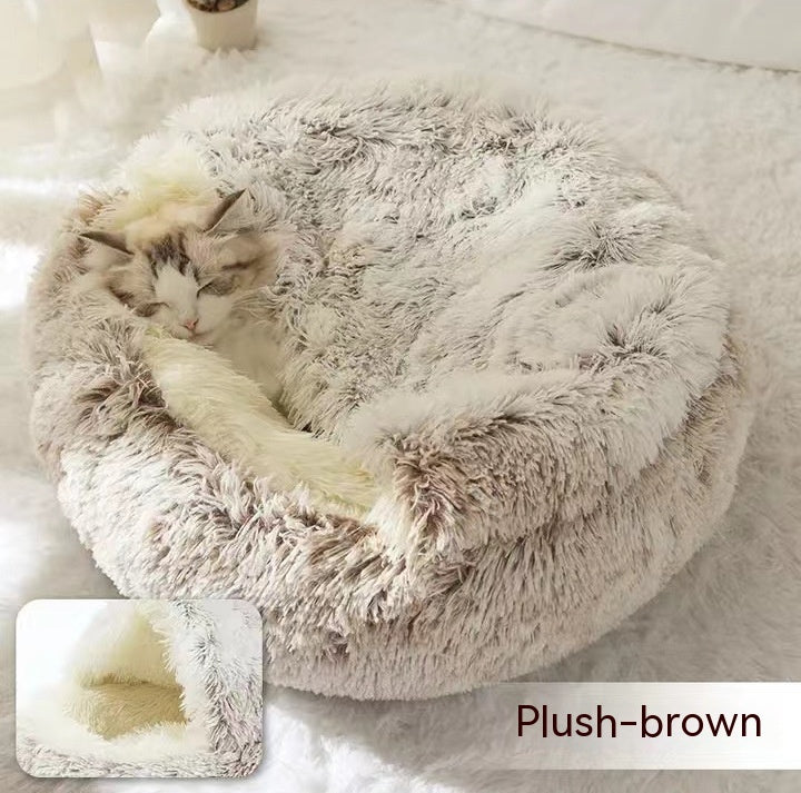 2 In 1 Dog And Cat Bed Pet Winter Bed Round Plush Warm Bed House Soft