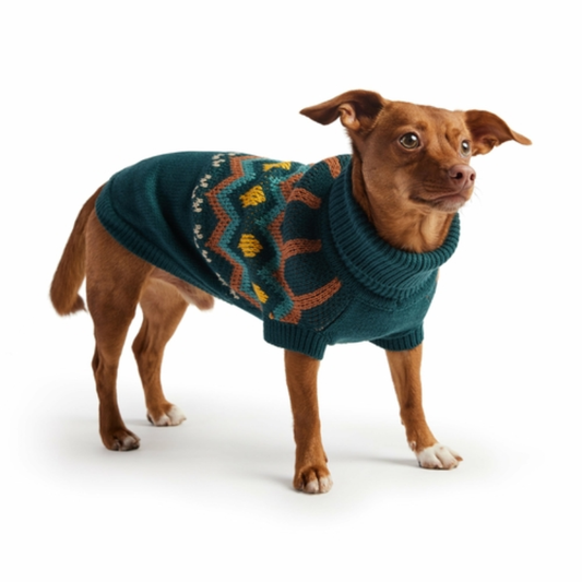 Dog wearing GF PET Heritage Sweater in teal color