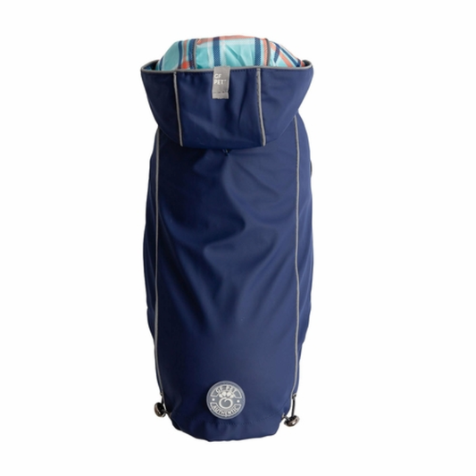 Dog wearing reversible navy blue Elasto-Fit raincoat by GF PET