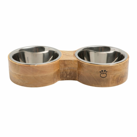 Wood and metal pet feeder with two stainless bowls